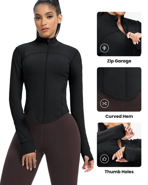 Locachy Women's Lightweight Stretchy Workout Full Zip Running Track Jacket  with Thumb Holes Black XS at  Women's Clothing store