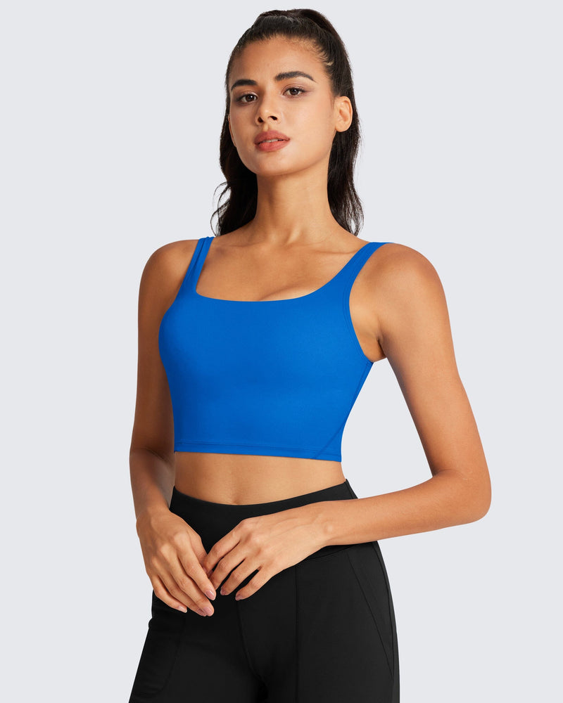 Square Neck Longline Sports Bras Ribbed Workout Tank Tops for Women with  Built in Bra Padded Sleeveless Shirts Yoga Fitness, Dark Blue, S :  : Fashion